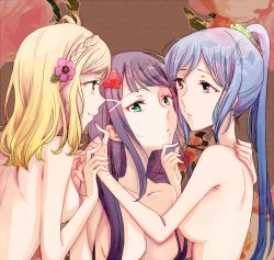 Rule 34 | 10s, 3girls, black hair, blonde hair, blue hair, blunt bangs, breasts, flower, girl sandwich, green eyes, hair flower, hair ornament, hand on another&#039;s chin, hand on another&#039;s shoulder, hime cut, holding hands, interlocked fingers, kurosawa dia, long hair, love live!, love live! sunshine!!, matsuura kanan, mole, mole under mouth, multiple girls, nude, ohara mari, parted lips, pecopewo, ponytail, purple eyes, sandwiched, yellow eyes, yuri