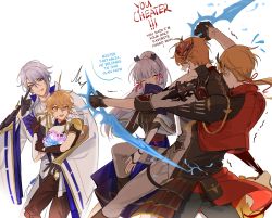 Rule 34 | 1girl, 4boys, absurdres, aether (genshin impact), anger vein, ayaka (genshin impact), black gloves, blonde hair, brother and sister, closed eyes, commentary, dual wielding, earrings, english commentary, english text, flying sweatdrops, genshin impact, gloves, hair between eyes, hair ribbon, hand fan, highres, holding, holding weapon, japanese clothes, jewelry, kamisato ayato, long sleeves, mask, mask on head, mole, mole under mouth, multiple boys, orange hair, pnk crow, ponytail, red mask, restrained, ribbon, siblings, silver hair, simple background, single earring, sweat, tartaglia (genshin impact), thoma (genshin impact), tress ribbon, weapon, white background, wide sleeves