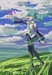 Rule 34 | 1girl, :d, arm at side, asa (o0 asa 0o), bare shoulders, black footwear, black skirt, black sleeves, blue eyes, blue hair, blue necktie, blue sky, boots, cloud, cloudy sky, collared shirt, day, detached sleeves, floating hair, from side, full body, grass, hair ornament, hatsune miku, highres, hill, landscape, long sleeves, looking ahead, miniskirt, mountainous horizon, nature, necktie, number tattoo, open hand, open mouth, outdoors, outstretched arm, pleated skirt, profile, shirt, sidelocks, skirt, sky, sleeveless, sleeveless shirt, smile, solo, tattoo, thigh boots, thighhighs, tie clip, twintails, vocaloid, white shirt, wind, zettai ryouiki