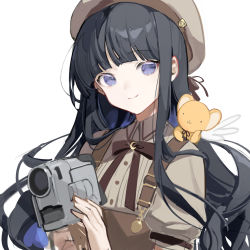 Rule 34 | 1girl, :3, bad id, bad twitter id, beige headwear, beige shirt, beret, black hair, blue eyes, blunt bangs, bow, bowtie, brown bow, brown bowtie, brown dress, camcorder, camera, cardcaptor sakura, chyoel, closed mouth, creature, creature on shoulder, daidouji tomoyo, dress, hat, highres, hime cut, holding, holding camera, kero (cardcaptor sakura), long hair, looking at viewer, on shoulder, puffy short sleeves, puffy sleeves, short sleeves, simple background, smile, solo, upper body, very long hair, video camera, white background