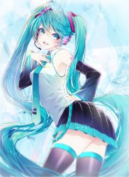 Rule 34 | 1055, 1girl, :d, absurdly long hair, black skirt, black sleeves, black thighhighs, blue eyes, blue hair, blue nails, blue necktie, collared shirt, detached sleeves, floating hair, hair between eyes, hand on own hip, hatsune miku, headphones, headset, highres, long hair, long sleeves, looking at viewer, microphone, miniskirt, nail polish, necktie, open mouth, pleated skirt, shirt, skirt, sleeveless, sleeveless shirt, smile, solo, standing, thighhighs, twintails, very long hair, vocaloid, white shirt, wing collar, zettai ryouiki