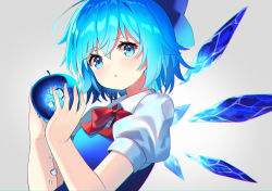 Rule 34 | 1girl, absurdres, apple, blue bow, blue dress, blue eyes, blue hair, blush, bow, cirno, dress, fairy, food, fruit, grey background, hair between eyes, hair bow, highres, holding, holding food, holding fruit, ice, ice wings, parted lips, puffy short sleeves, puffy sleeves, shirt, short hair, short sleeves, simple background, solo, touhou, upper body, water drop, white shirt, wings, yuujin (yuzinn333)