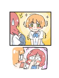 Rule 34 | +++, 0 0, 2girls, 2koma, ^^^, alternate hairstyle, beanie, blue neckwear, blunt bangs, blush, bow, bowtie, comic, commentary request, covering own mouth, crying, embarrassed, green eyes, hat, holding, holding clothes, holding hat, hoshizora rin, laughing, love live!, love live! school idol project, multiple girls, nanaji (7ymf), nishikino maki, orange hair, panties day, pun, red hair, shirt, short hair, short sleeves, silent comic, sparkle, sweat, sweatdrop, tearing up, unworn hat, unworn headwear, wavy mouth, white shirt, wide-eyed