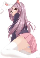 Rule 34 | 1girl, animal ears, blazer, chimunge, jacket, long hair, long sleeves, looking at viewer, looking back, open mouth, panties, pantyshot, pink eyes, pleated skirt, rabbit ears, reisen udongein inaba, sitting, skirt, smile, solo, thighhighs, thighs, touhou, underwear, very long hair, white panties, white thighhighs