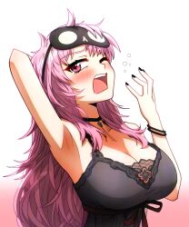 Rule 34 | 1girl, arm behind head, arm up, armpits, bangle, black choker, black nails, black nightgown, blush, bracelet, breasts, choker, cleavage, commentary, ddolbang, english commentary, fingernails, gradient background, hand up, highres, hololive, hololive english, jewelry, large breasts, long fingernails, long hair, looking at viewer, messy hair, mori calliope, mori calliope (sleepwear), nail polish, nightgown, official alternate costume, one eye closed, open mouth, pink eyes, pink hair, skull choker, sleep mask, solo, teeth, tiara, tongue, upper body, upper teeth only, very long hair, virtual youtuber, yawning