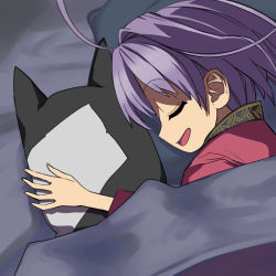 Rule 34 | 1girl, ahoge, blanket, closed eyes, commentary request, debt, from side, holding, holding stuffed toy, indoors, japanese clothes, kimono, long sleeves, lying, on side, open mouth, pillow, profile, purple hair, red kimono, short hair, sleeping, smile, solo, stuffed animal, stuffed cat, stuffed toy, sukuna shinmyoumaru, syope, touhou, upper body