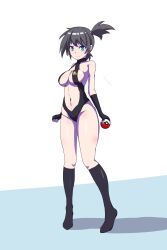 Rule 34 | 1girl, absurdres, armpits, asymmetrical hair, bare shoulders, batta 16-sei, belt, black hair, breasts, cleavage, creatures (company), curvy, ears, elbow gloves, fingerless gloves, game freak, gloves, green eyes, gym leader, hair bun, halterneck, highleg, highleg swimsuit, highres, holding, holding poke ball, looking at viewer, medium breasts, misty (pokemon), navel, nintendo, one-piece swimsuit, poke ball, pokemon, pokemon: the electric tale of pikachu, ponytail, shiny clothes, short hair, side ponytail, simple background, slingshot swimsuit, smile, solo, swimsuit, thighs, turtleneck