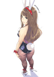 Rule 34 | 1girl, animal ears, arms at sides, ass, backless leotard, black leotard, brown eyes, brown hair, brown pantyhose, carina (xiaowoo), closed mouth, commentary request, fake animal ears, fishnet pantyhose, fishnets, from behind, full body, high heels, highres, kneepits, leotard, looking at viewer, looking back, original, panties, pantyhose, playboy bunny, rabbit ears, rabbit tail, red hair, simple background, smile, solo, standing, strapless, strapless leotard, swept bangs, tail, underwear, wavy hair, white background, white footwear, white panties