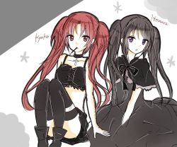 Rule 34 | 10s, 2girls, akemi homura, alternate costume, alternate hairstyle, black hair, black thighhighs, boots, camisole, character name, choker, cross, dress, english text, food, funeral dress, hairband, long hair, looking at viewer, mahou shoujo madoka magica, mahou shoujo madoka magica: hangyaku no monogatari, midriff, miniskirt, mouth hold, multiple girls, pocky, purple eyes, red eyes, red hair, sakuira-ame (zyosefi-nu), sakura kyoko, simple background, sitting, skirt, thighhighs, thighs, twintails