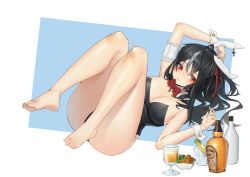 Rule 34 | 1girl, absurdres, ahoge, alcohol, alternate costume, animal ears, arm garter, arm up, armpits, ass, azur lane, bare legs, bare shoulders, barefoot, black hair, black leotard, bottle, bow, bowtie, breasts, rabbit ears, cleavage, closed mouth, cup, detached collar, drinking glass, expressionless, fake animal ears, feet, full body, grey hair, hair ribbon, hand up, highres, knees up, large breasts, leotard, long hair, looking at viewer, lying, mole, mole on breast, multicolored hair, on back, one side up, playboy bunny, red eyes, ribbon, solo, streaked hair, thighs, two-tone background, u-47 (azur lane), whiskey, wrist cuffs, xi xeong