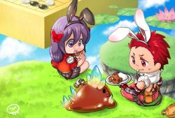 Rule 34 | 1boy, 1girl, :t, alternate color, animal ears, blue sky, board game, bow, brown dress, cape, chibi, closed mouth, cloud, commentary request, creator (ragnarok online), crop top, curry, dress, eating, fake animal ears, fingerless gloves, food, full body, fur-trimmed shirt, fur trim, gloves, go (board game), hair bow, holding, holding plate, in-universe location, lily pad, long hair, love morocc, open mouth, outdoors, pants, plate, purple eyes, purple hair, rabbit ears, ragnarok online, red bow, red cape, red eyes, red gloves, red hair, red pants, shirt, short dress, short hair, sitting, sky, sleeveless, sleeveless shirt, slime (creature), smile, sweatdrop, vambraces, vanilmirth (ragnarok online), white shirt, whitesmith (ragnarok online)