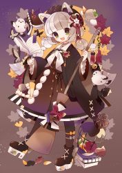 Rule 34 | 1girl, animal ears, apple, artist name, autumn leaves, bell, bird, black legwear, book, bow, box, broom, brown hair, bug, butterfly, cage, cat ears, cat girl, cat tail, commentary request, fang, food, fruit, gift, gift box, green eyes, hair ornament, highres, holding, holding broom, insect, long sleeves, multicolored hair, open book, original, platform footwear, saijo1201, silver hair, skirt, smile, split-color hair, tail, twintails, two-tone hair, wide sleeves