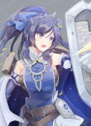 Rule 34 | 1girl, bare shoulders, belt, blue hair, breasts, caernarfon (oshiro project), cape, detached sleeves, holding, kamaboko red, large breasts, long hair, looking to the side, open mouth, oshiro project:re, oshiro project:re, ponytail, shield, solo, tiara