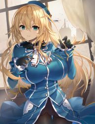 Rule 34 | 1girl, ascot, atago (kancolle), beret, bird, black gloves, blonde hair, blue eyes, blue hat, breasts, cowboy shot, curtains, frilled sleeves, frills, fur collar, gloves, green eyes, hair between eyes, harbor, hat, highres, indoors, kantai collection, large breasts, lips, long hair, long sleeves, looking at viewer, military, military uniform, o-sirius, office, pantyhose, smile, solo, uniform
