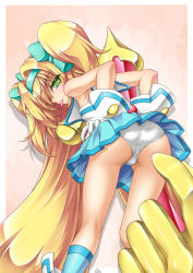 Rule 34 | 1girl, arc system works, ass, bare shoulders, bell, blazblue, blazblue: continuum shift, blonde hair, from behind, gloves, green eyes, hair ribbon, hairband, heart, heart-shaped pupils, long hair, muchourin, panties, pantyshot, platinum the trinity, quad tails, ribbon, roura, skirt, solo, symbol-shaped pupils, tongue, tongue out, twintails, two side up, underwear, upskirt, very long hair