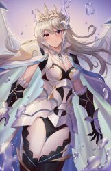 Rule 34 | 1girl, armor, black leotard, breasts, bubble, cape, cleavage, corrin (female) (fire emblem), corrin (female) (silent bloodline) (fire emblem), corrin (fire emblem), cowboy shot, crown, doiparuni, fire emblem, fire emblem fates, fire emblem heroes, frills, gloves, grey hair, hair between eyes, hair ornament, highres, jewelry, lace thighhighs, large breasts, leotard, long hair, looking at viewer, nintendo, official alternate costume, pointy ears, red eyes, see-through, shoulder armor, simple background, smile, solo