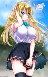 Rule 34 | 1girl, ahoge, aqua bow, arm up, armpit peek, artist name, black thighhighs, blonde hair, blue eyes, blurry, blurry background, blush, bow, bowtie, breasts, closed mouth, cowboy shot, dated, day, elf, hair between eyes, highres, large breasts, long sleeves, original, outdoors, panties, pleated skirt, pointy ears, shirt, short sleeves, side-tie panties, side-tie peek, skindentation, skirt, skirt tug, solo, spoken blush, spoken sweatdrop, sweatdrop, tented shirt, thighhighs, underwear, white shirt, wind, yamaguchi yuu
