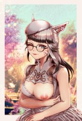 Rule 34 | 1girl, animal ears, beret, black-framed eyewear, blue eyes, breasts, brown hair, cat ears, cleavage, cleavage cutout, closed mouth, clothing cutout, dress, ear flower, facial mark, final fantasy, final fantasy xiv, glasses, grey dress, grey hat, hat, highres, large breasts, lochris, long hair, looking at viewer, miqo&#039;te, nipples, no bra, one breast out, one eye closed, own hands together, round eyewear, slit pupils, smile, solo, warrior of light (ff14), whisker markings