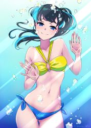 Rule 34 | 1girl, absurdres, against fourth wall, against glass, air bubble, bikini, black hair, blue bikini, blue eyes, blush, breath, bubble, freediving, glass, hand on glass, highres, holding breath, long hair, looking at viewer, multicolored bikini, multicolored clothes, navel, pink cava, ponytail, school girl strikers, smile, swimming, swimsuit, underwater, yellow bikini
