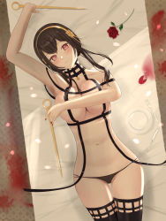 Rule 34 | 1girl, absurdres, armpits, artist request, black hair, black panties, blush, covering privates, covering breasts, female focus, from above, highres, long hair, looking at viewer, lying, nail polish, panties, red eyes, solo, spy x family, thighhighs, underwear, yor briar