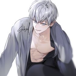 Rule 34 | 1boy, artist name, black pants, blue eyes, ear piercing, earrings, grey shirt, hand up, jewelry, looking at viewer, male focus, mole, mole under mouth, original, pants, piercing, shirt, silver hair, simple background, sitting, solo, stud earrings, sukja, white background