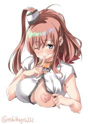 Rule 34 | 1girl, blush, breasts, brown hair, ebifurya, grey eyes, hair ornament, heart, highres, kantai collection, large breasts, long hair, nipples, no bra, one eye closed, pasties, ponytail, saratoga (kancolle), simple background, solo, twitter username, white background