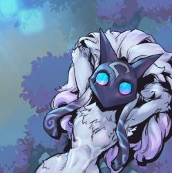 Rule 34 | 1girl, breasts, furry, furry female, gradient background, green eyes, grey fur, kindred (league of legends), lamb (league of legends), league of legends, looking at viewer, lying, mask, on back, phantom ix row, small breasts, solo, tree