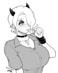 Rule 34 | 1girl, black horns, blush, breasts, choker, cigarette, commentary request, cross, cross necklace, dated, demon girl, demon horns, ear blush, ear piercing, earrings, greyscale, hair over one eye, helltaker, horns, jewelry, large breasts, lip piercing, looking to the side, monochrome, mouth piercing, necklace, nose piercing, piercing, short hair, short sleeves, signature, smoking, solo, tsukudani (coke-buta), upper body, white background, white hair, wristband, zdrada (helltaker)