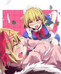 Rule 34 | 2girls, anger vein, apron, bad id, bad pixiv id, blonde hair, blue dress, bow, culter, dress, fang, feathers, female focus, flower, gengetsu (touhou), highres, maid, maid apron, maid headdress, mugetsu (touhou), multiple girls, open mouth, pink dress, pointy ears, red bow, slit pupils, smile, sweatdrop, touhou, touhou (pc-98), yellow eyes, you gonna get raped, yuri