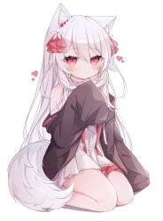 Rule 34 | 1girl, animal ears, black jacket, commentary, dress, expressionless, fox ears, fox girl, fox tail, full body, highres, jacket, long hair, long sleeves, looking at viewer, off shoulder, open clothes, open jacket, original, red eyes, ringouulu, short dress, simple background, sleeveless, sleeveless dress, sleeves past fingers, sleeves past wrists, symbol-only commentary, tail, white background, white dress, white hair