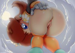 Rule 34 | 1girl, absurdres, anus, ass, bent over, blue eyes, chromodomo, cloud, cloudy sky, crown, earrings, flower earrings, from behind, from below, hand on own ass, highres, jewelry, long hair, mario (series), mario strikers charged, nintendo, orange hair, outdoors, princess daisy, pussy, shiny skin, sky, solo, standing, uncensored