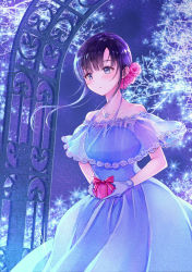 Rule 34 | 1girl, arch, bare shoulders, bare tree, black hair, blue capelet, blue dress, blue eyes, blue gloves, blue theme, blush, breasts, brooch, capelet, christmas, christmas lights, closed mouth, collarbone, commentary request, diffraction spikes, dress, flower, gift, glint, gloves, hair flower, hair ornament, highres, holding, holding gift, jewelry, long dress, medium breasts, nagidango, night, original, outdoors, pink flower, pink rose, rose, see-through, short hair with long locks, sidelocks, sleeveless, sleeveless dress, solo, strapless, strapless dress, tree