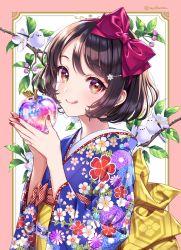 Rule 34 | 1girl, :q, apple, back bow, bird, black hair, blue kimono, blush, border, bow, branch, closed mouth, commentary, english commentary, floral print, food, fruit, hair bow, hair ornament, hairclip, highres, holding, holding food, holding fruit, japanese clothes, kimono, long sleeves, looking at viewer, morikura en, nail polish, original, outside border, pink border, purple bow, red eyes, red nails, short hair, simple background, smile, solo, swept bangs, tongue, tongue out, twitter username, upper body, white background, wide sleeves, yellow bow