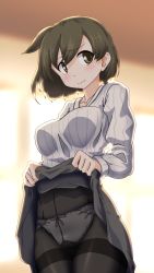 Rule 34 | 1girl, 547th sy, alternate costume, black pantyhose, blurry, blurry background, blush, breasts, brown eyes, brown hair, closed mouth, clothes lift, grey skirt, highres, hiryuu (kancolle), kantai collection, large breasts, lifting own clothes, long hair, long sleeves, panties, panties under pantyhose, pantyhose, ribbed sweater, short hair, skirt, skirt lift, sweater, thighband pantyhose, underwear, wavy mouth, white panties, white sweater
