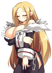 Rule 34 | 1girl, arm grab, bare shoulders, blonde hair, blush, bow, breast hold, breasts squeezed together, breasts, bursting breasts, chain, cleavage, cowboy shot, cuffs, disgaea, dress, earrings, eyelashes, closed eyes, fur trim, healer (disgaea), highres, jewelry, large breasts, long hair, pointy ears, rei shabu, shackles, side slit, simple background, solo, very long hair, white background