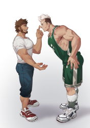 Rule 34 | 2boys, absurdres, bara, beard, biceps, brown eyes, brown hair, facial hair, hand on own hip, highres, horns, large pectorals, looking at another, male focus, manly, mature male, multicolored hair, multiple boys, muscular, muscular male, original, pants, pectorals, red eyes, selkiro, shadow, shirt, shoes, short hair, sidepec, simple background, smile, snickers (brand), socks, spiked hair, t-shirt, tank top, teeth, thick arms, thick eyebrows, thick thighs, thighs, tongue, undercut, white background, white hair