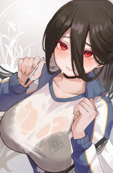 Rule 34 | 1girl, absurdres, black bra, black choker, black hair, blue archive, blush, bra, breasts, choker, clenched hand, closed mouth, collarbone, commentary, grey background, gym uniform, hair between eyes, hands up, hasumi (blue archive), hasumi (track) (blue archive), highres, holding, holding pen, huge breasts, jacket, long bangs, long hair, long sleeves, looking at viewer, looking up, mole, mole under eye, official alternate costume, open clothes, open jacket, pen, ponytail, red eyes, see-through, see-through shirt, setakman, shirt, solo, sweat, underwear, upper body, wet, wet clothes, wet shirt, white shirt