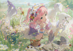 Rule 34 | 1girl, balabling, bug, butterfly, cat tail, cup, food, grass, highres, insect, lying, nature, on stomach, original, outdoors, pink hair, rabbit, sheep, solo, soup, tail