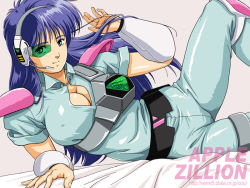 Rule 34 | 1girl, adjusting hair, akai koudan zillion, apple (zillion), blue hair, bodysuit, bracer, breasts, cleavage, covered erect nipples, crotch seam, green-tinted eyewear, green eyes, headset, knee pads, large breasts, light smile, long hair, looking at viewer, lying, nolia, on side, retro artstyle, scouter, shiny clothes, shoulder pads, solo, tinted eyewear