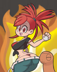 Rule 34 | 1girl, absurdres, ass, black background, butt crack, creatures (company), crop top, denim, fire, flannery (pokemon), g-string, game freak, gen 3 pokemon, highres, huge ass, jeans, looking at viewer, lotikmac, matching hair/eyes, narrow waist, nintendo, open mouth, pants, poke ball, poke ball (basic), pokemon, pokemon (creature), pokemon oras, red eyes, red hair, short sleeves, smile, teeth, thong, torkoal, upper teeth only, whale tail (clothing)