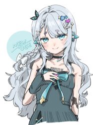 Rule 34 | 1girl, alien omo, and uge, arm warmers, black choker, blue eyes, blue flower, blush, bow, braid, choker, circle facial mark, closed mouth, commentary request, dress, flat chest, flower, grey bow, grey dress, grey hair, hair bow, hair flower, hair intakes, hair ornament, hairclip, heart, heart hair ornament, highres, joints, long hair, looking at viewer, medium bangs, nanashi inc., robot joints, side braid, single braid, sleeveless, sleeveless dress, smile, solo, thick eyebrows, upper body, virtual youtuber, wavy hair, white background