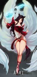 Rule 34 | 1girl, ahri (league of legends), animal ears, bare shoulders, black hair, breasts, choi hyochan, detached sleeves, dress, duto, facial mark, fire, fox ears, fox tail, highres, korean clothes, large breasts, league of legends, long hair, multiple tails, short dress, smile, solo, tail, whisker markings, yellow eyes