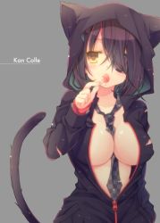 Rule 34 | 10s, 1girl, alternate costume, animal ears, animal hood, between breasts, breasts, candy, cat ears, cat hood, cat tail, checkered clothes, checkered necktie, checkered neckwear, copyright name, eating, eyepatch, food, hood, jacket, kantai collection, large breasts, lollipop, loose necktie, necktie, necktie between breasts, no bra, open clothes, open jacket, oppaimilk, personification, purple hair, short hair, solo, tail, tenryuu (kancolle), torn clothes, unzipped, yellow eyes