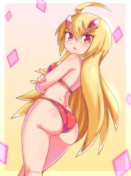 Rule 34 | 1girl, ahoge, annoyed, ass, bare shoulders, bikini, blonde hair, blush, breasts, commission, cougar (cougar1404), dimples of venus, from behind, gradient background, hair between eyes, huge ass, long hair, looking at viewer, majin shoujo, medium breasts, outside border, princess, red eyes, riva, shiny clothes, shiny skin, sideboob, skeb commission, solo, swimsuit, very long hair, wedgie