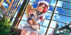 Rule 34 | 1girl, aircraft, armband, beret, blue sky, bob cut, building, carrying, cat, character request, cloud, dirigible, dutch angle, game cg, goggles, goggles around neck, hat, highres, kouya no kotobuki hikoutai, looking at viewer, non-web source, official art, open mouth, pants, plant, red armband, red hair, short hair, shorts, sky, solo, white hat, white pants, white uniform, window, yellow eyes