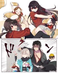 Rule 34 | 2boys, 4girls, ahoge, black hair, blonde hair, brother and sister, brown hair, buster shirt, chacha (fate), comic, fate/grand order, fate (series), food, hijikata toshizou (fate), holding, holding food, long hair, long sleeves, looking at viewer, multiple boys, multiple girls, oda nobukatsu (fate), oda nobunaga (fate), oda nobunaga (koha-ace), oda nobunaga (swimsuit berserker) (fate), oda nobunaga (swimsuit berserker) (first ascension) (fate), okita souji (fate), okita souji (koha-ace), omi (tyx77pb r2), open mouth, pillow, red eyes, red shirt, shirt, siblings, silent comic, smile, t-shirt, wide sleeves