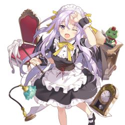 Rule 34 | 1girl, arm up, bat wings, black wings, blush, chair, clock, dress, duster, fang, holding, lamp, light purple hair, long hair, looking at viewer, maid headdress, mary janes, miss barbara, official art, one eye closed, open mouth, pointy ears, puffy sleeves, purple eyes, shoes, short sleeves, solo, transparent background, uchi no hime-sama ga ichiban kawaii, wings, wrist cuffs