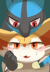 2others black_hair blush braixen creatures_(company) fang furry game_freak gen_4_pokemon gen_6_pokemon iz0n448 looking_down looking_up lucario multiple_others nintendo open_mouth orange_eyes other_focus pokemon pokemon_(creature) red_eyes smile sweat