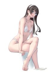 Rule 34 | 1girl, aqua eyes, bare legs, bare shoulders, barefoot, bikini, black-framed eyewear, black hair, breasts, glasses, hair between eyes, hairband, highres, kantai collection, long hair, navel, ooyodo (kancolle), simple background, small breasts, solo, swimsuit, white background, white bikini, white hairband, yuuji (and)