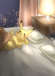 Rule 34 | :3, beckoning, bed, come hither, creatures (company), game freak, gen 1 pokemon, looking at viewer, nintendo, no humans, on bed, pikachu, pillow, pokemon, pokemon (creature), skyline, solo, wasabi (legemd), what